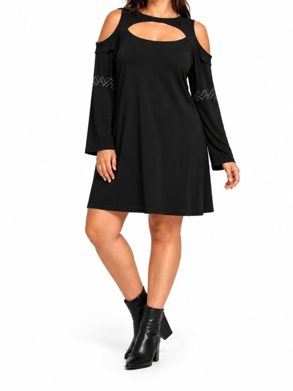 Women's Black Rhinestone Angel Wings Cold Shoulder Dress, XL